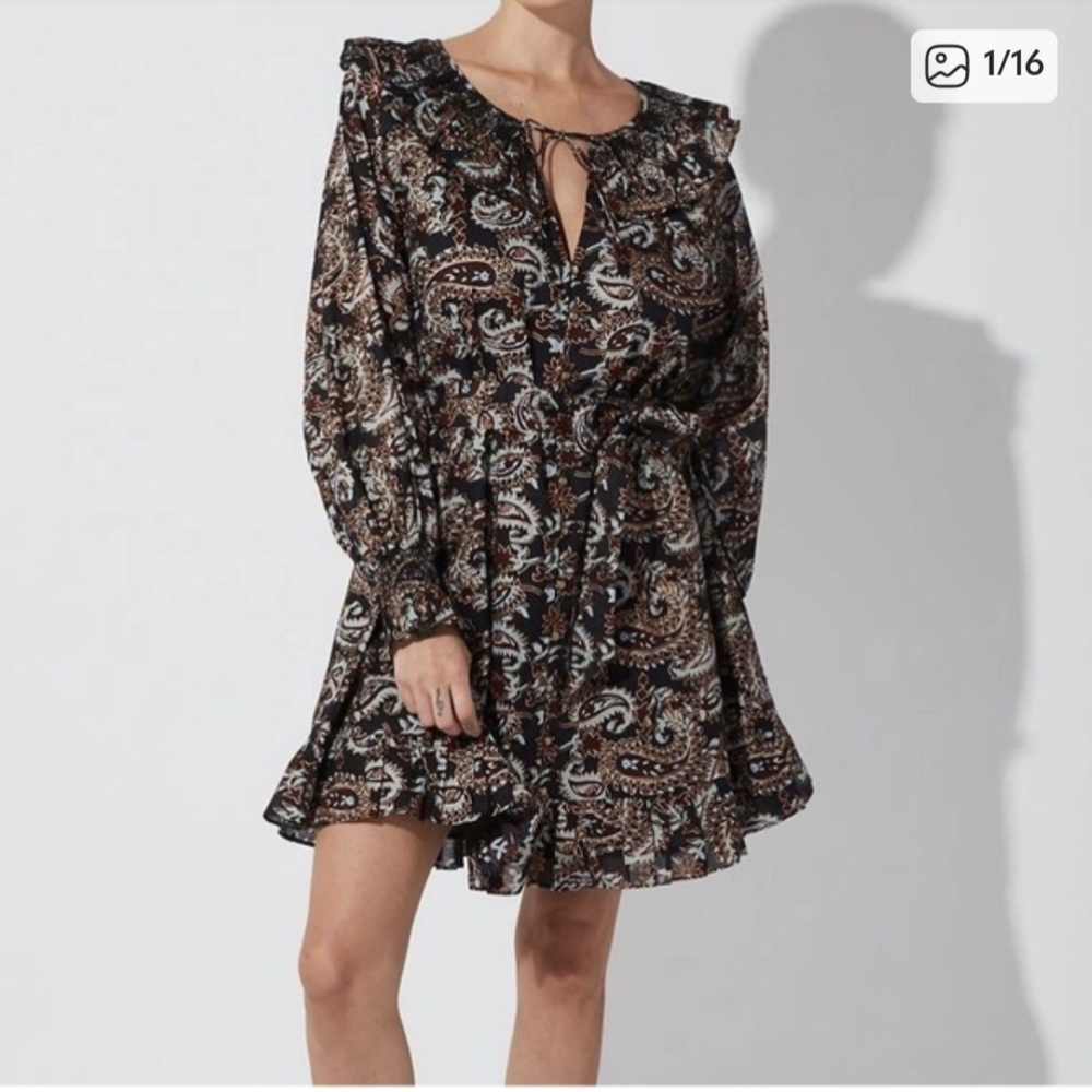 Cleobella Paisley Ruffle Tie-Front Mini Dress - Black/Brown/Cream